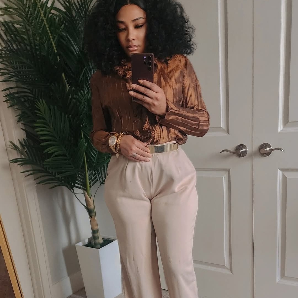 Bronze Brown Shiny Ruffle Pleated Blouse Shirt